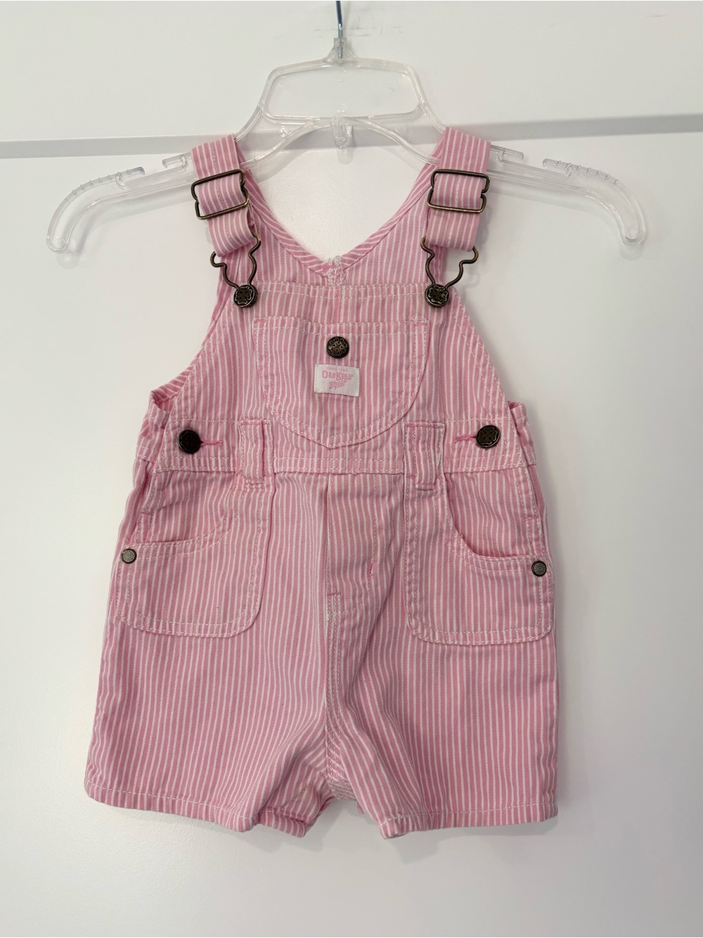 Vintage Y2K Oshkosh B’Gosh Pink & White Stripe Shortall Overalls Size 12m